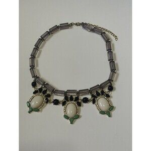 Statement Necklace Rhinestone Fashion Beads Green Black White 14 Inch Length